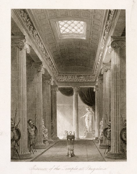 Υποθετική σχεδιαστική αναπαράσταση του εσωτερικού του ναού (σηκός).Πίσω από την ιδιόρρυθμη ιωνική κιονοστοιχία, τον ένα και μοναδικό κίονα κορινθιακού ρυθμού και την ιωνική ζωφόρο, διακρίνεται το λατρευτικό άγαλμα του θεού.                                                                    Ch. R. Cockerell, The temples of Jupiter Panhellenius at Aegina and of Apollo Epicurius at Bassae near Phigaleia in Arcadia, London 1860.
